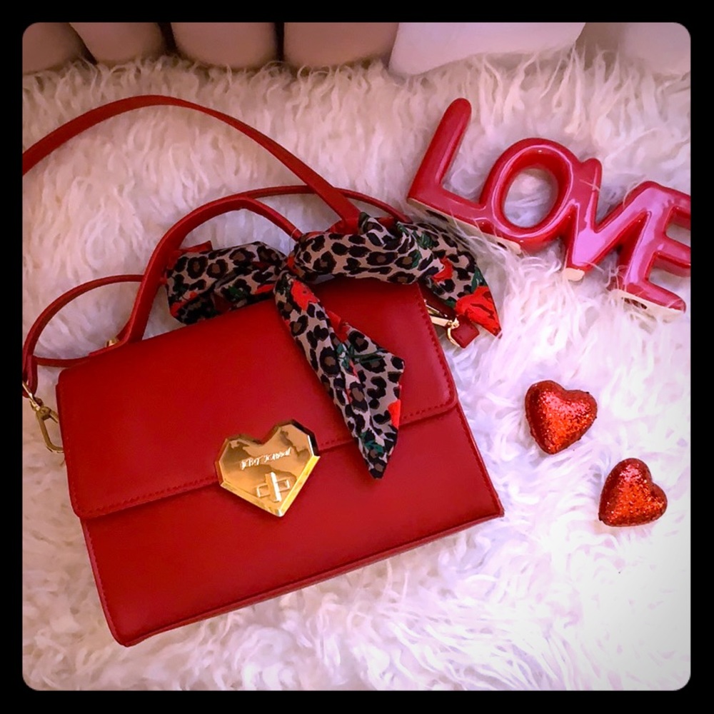 Betsey Johnson Red Satchel with Leopard Scarf and Gold Heart Lock